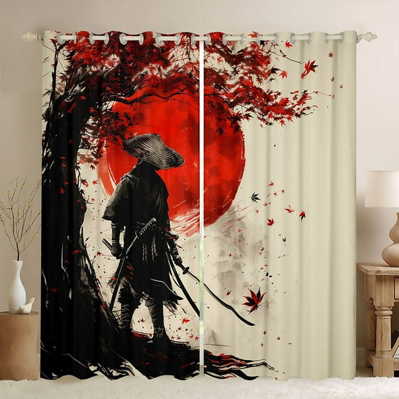 Castle Fairy Japanese Samurai Black Out Curtains for Kids Teens Adults,Black Red Maple Leaves Curtains Pack of 2 (42x63 Each),Exotic Style Bedroom Curtains,Luxury Bedroom Decor