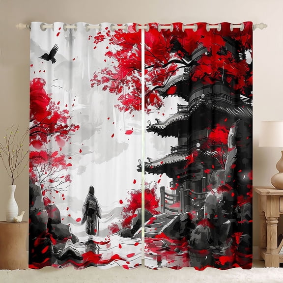 Castle Fairy Japanese Samurai Black Out Curtains for Kids Teens Adults,Black Red Tree Leaves Curtains Pack of 2 (42x63 Each),Exotic Style Bedroom Curtains,Luxury Bedroom Decor