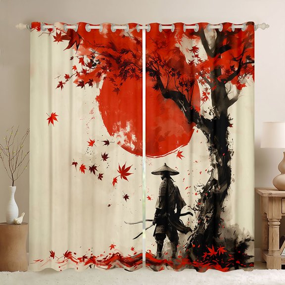 Castle Fairy Japanese Samurai Curtains Pack of 2 (42x84 Each) for Boys Girls,Oriental Ukiyoe Curtains Blackout,Red Maple Leaves Bedroom Curtains,Lightweight Room Decor