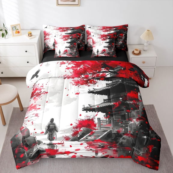 Castle Fairy Japanese Samurai Twin Bedding Sets 7-Piece for Kids Teens Adults,Black Red Tree Leaves Bedding Comforter Set Microfiber,Exotic Style Breathable Sheet Sets,Luxury Bedroom Decor