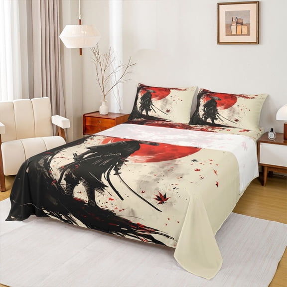 Castle Fairy Japanese Samurai Twin Sheet Sets 3pcs for Kids Teens Adults,Black Red Maple Leaves Twin Fitted Sheet Microfiber,Exotic Style Breathable Flat Sheet,Luxury Bedroom Decor