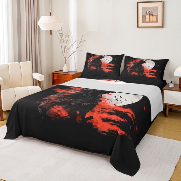 Castle Fairy Japanese Samurai Twin Sheet Sets 3pcs for Kids Teens Adults,Black Red Twin Fitted Sheet Microfiber,Exotic Style Breathable Flat Sheet,Luxury Bedroom Decor
