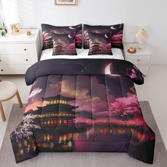 Castle Fairy Japanese Style Bedding Comforter Set 7-Piece for Children Teens Boys Girls,Exotic Style Oriental Ukiyoe King Bedding Sets,Chic Floral Cherry Blossom Ultra Soft Bed Sheets