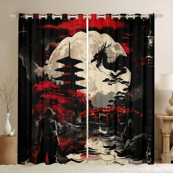 Castle Fairy Japanese Style Curtains Pack of 2 (42x84 Each) for Children Teens Boys Girls,Anime Samurai Curtains Blackout,Animal Dragon Bedroom Curtains,Super Cozy Room Decor
