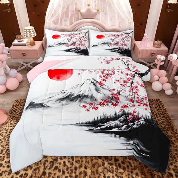 Castle Fairy Japanese Style Queen Comforter Set,Floral Sakura Bedding Comforter Set