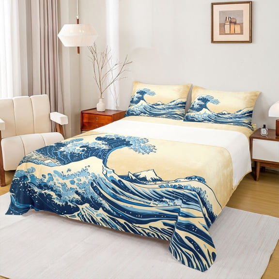 Castle Fairy Japanese Style Twin Sheet Sets for Kids Teenagers,Ocean Waves Bedding