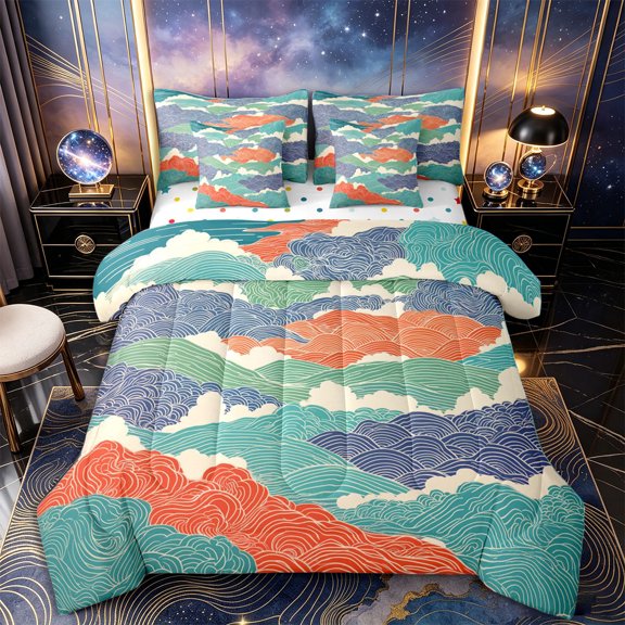 Castle Fairy Japanese Ukiyo-E Ocean Wave Tile 7-Piece Twin Bedding,Multi-Tone Line Cloud Seamless Print Bedding Comforter Set,Teal Orange,Reversible