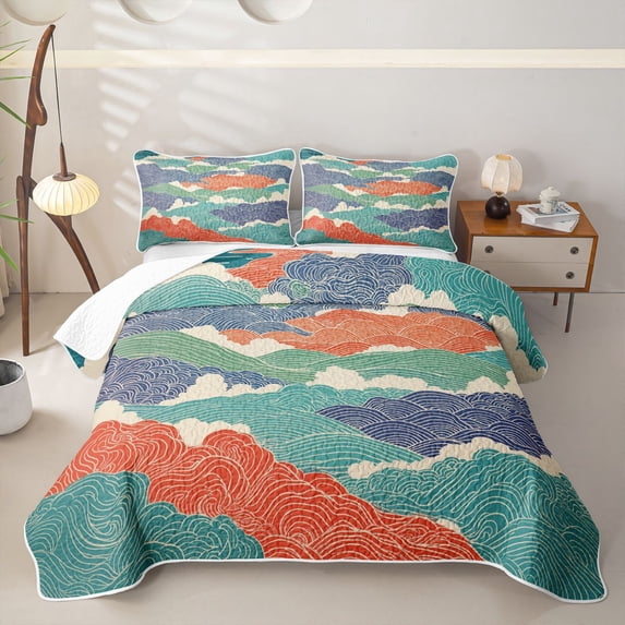 Castle Fairy Japanese Ukiyo-E Ocean Wave Tile Bed Spread Queen,Multi-Tone Line Cloud Seamless Print Queen Coverlet Set,Teal Orange