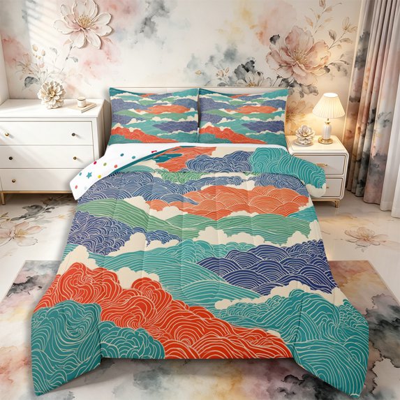 Castle Fairy Japanese Ukiyo-E Ocean Wave Tile King Size Comforter Sets 3pcs,Multi-Tone Line Cloud Seamless Print Comforters King Size,Teal Orange,Reversible,1 Comforter and 2 Pillowcases