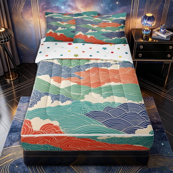 Castle Fairy Japanese Ukiyo-E Ocean Wave Tile Zipper Queen Comforter Set with Fitted Sheet and 2 Pillowcases,Multi-Tone Line Cloud Seamless Print Zipper Bedding Set,Teal Orange,Reversible,4 Pieces
