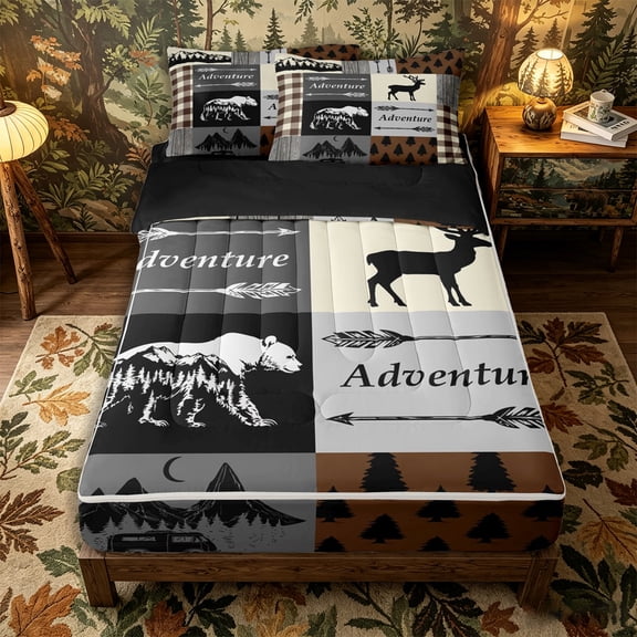 Castle Fairy Jungle Adventure Theme Deer Bear Zipper Twin Comforter Sets with Fitted Sheet and 2 Pillowcases,Rustic Animal Zipper Bedding Set,Beige Brown Gray,Black Reversible,4-Piece