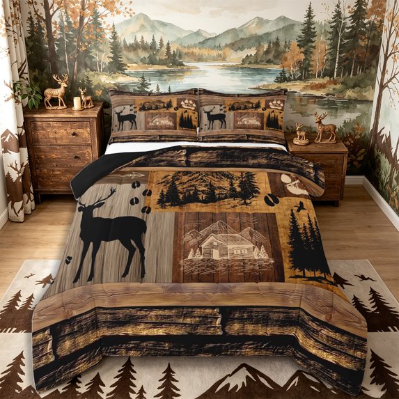 Castle Fairy Jungle Animal Beer Full Size Comforter Sets 3-Piece,Rustic Cabin Wildlife Bedding Comforter Set,Natural Brown Black,Black Reversible,1 Comforter and 2 Pillowcases