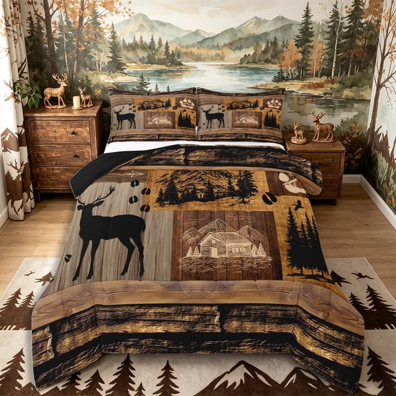 Castle Fairy Jungle Animal Beer Full Size Comforter Sets 3-Piece,Rustic Cabin Wildlife Bedding Comforter Set,Natural Brown Black,Black Reversible,1 Comforter and 2 Pillowcases