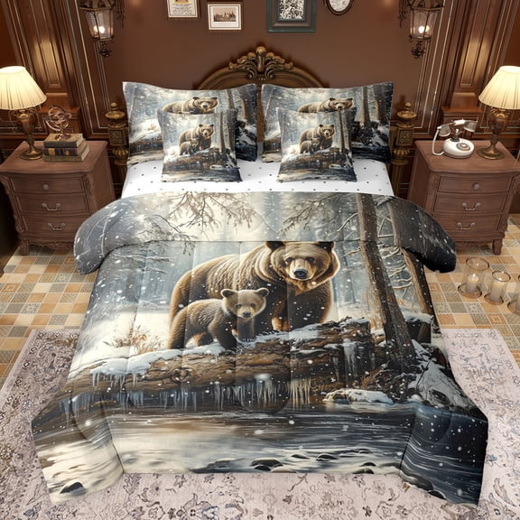 Castle Fairy Jungle Animal Brown Bears Bedding Comforter Set 7-Piece for Female Men Adults,Winter Jungle Tree Branches King Bedding Sets,Vintage Retro Aesthetic Ultra Soft Bed Sheets