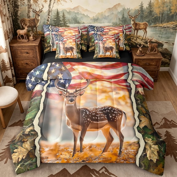 Castle Fairy Jungle Animal Deer 7-Piece Twin Bedding for Teens,Ripped American Flag Autumn Leaf Bedding Comforter Set,Red Brown Orange,Black Reversible