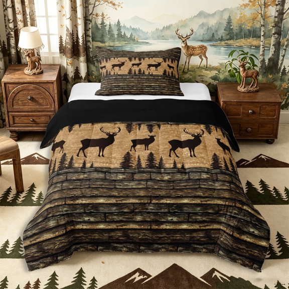 Castle Fairy Jungle Animal Deer Twin Comforter Sets 2pcs,Rustic Vintage Cabin Bedding Set,Brown Tan Black,Black Reversible,1 Comforter and 1 Pillowcase