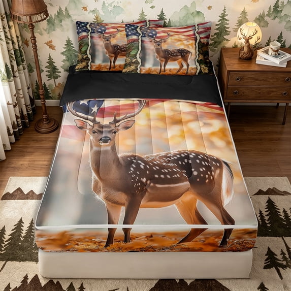 Castle Fairy Jungle Animal Deer Zipper Twin Comforter Sets with Fitted Sheet and 2 Pillowcases for Teens,Ripped American Flag Autumn Leaf Zipper Bedding Set,Black Reversible,4-Piece