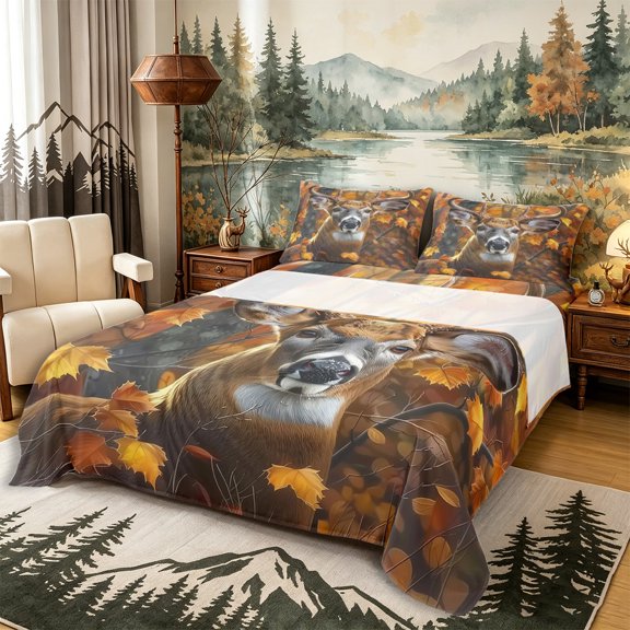 Castle Fairy Jungle Autumn Deer Bed Sheets 4-Piece,Maple Birch Woodland Full Size Sheets,Ochre Brown,1 Fitted Sheet, 1 Flat Sheet and 2 Pillowcases