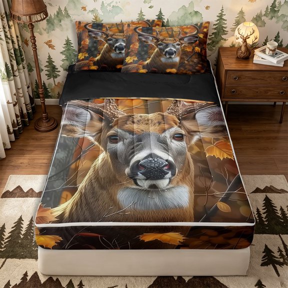 Castle Fairy Jungle Autumn Deer Zipper Queen Comforter Set with Fitted Sheet and 2 Pillowcases,Maple Birch Woodland Zipper Bedding Set,Ochre Brown,Black Reversible,4 Pieces