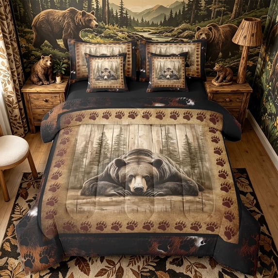Castle Fairy Jungle Bear 7-Piece Twin Bedding for Teens,Western Vintage Cow Print Bedding Comforter Set,Brown Black Cream,Black Reversible