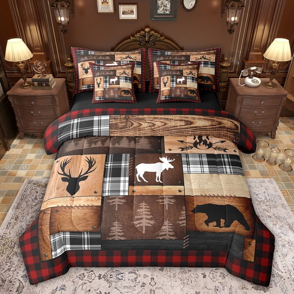 Castle Fairy Jungle Bear Deer Bedding Comforter Set,Geometric Grid Queen Bedding Sets