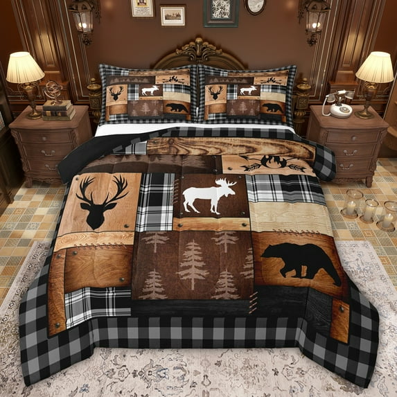 Castle Fairy Jungle Bear Deer Full Size Comforter Sets,Vintage Geometric Grid Bedding Sets