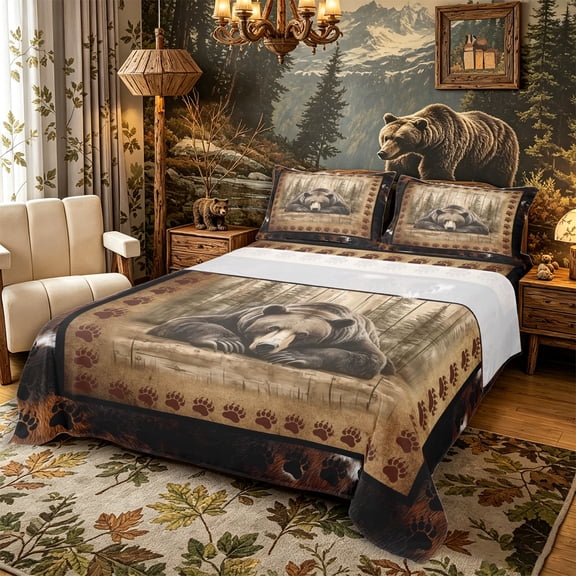 Castle Fairy Jungle Bear Queen Sheets 4 Pieces for Teens,Western Vintage Cow Print Queen Sheet Sets,Brown Black Cream,1 Fitted Sheet, 1 Flat Sheet and 2 Pillowcases