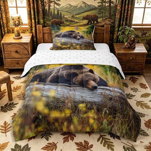 Castle Fairy Jungle Bear Twin Comforter Sets 2pcs,Autumn Leaves Bedding Set,Yellow Brown Green,Reversible,1 Comforter and 1 Pillowcase