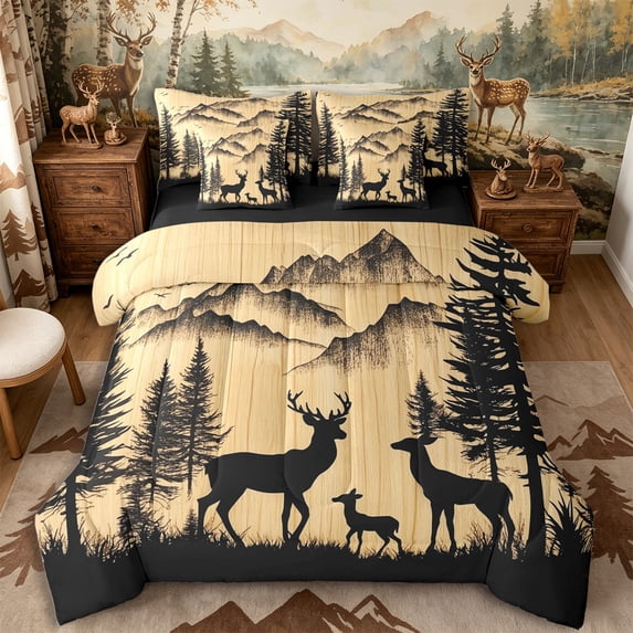 Castle Fairy Jungle Deer 7-Piece Twin Bedding,Rustic Cabin Bedding Comforter Set,Tan Black Cream,Black Reversible