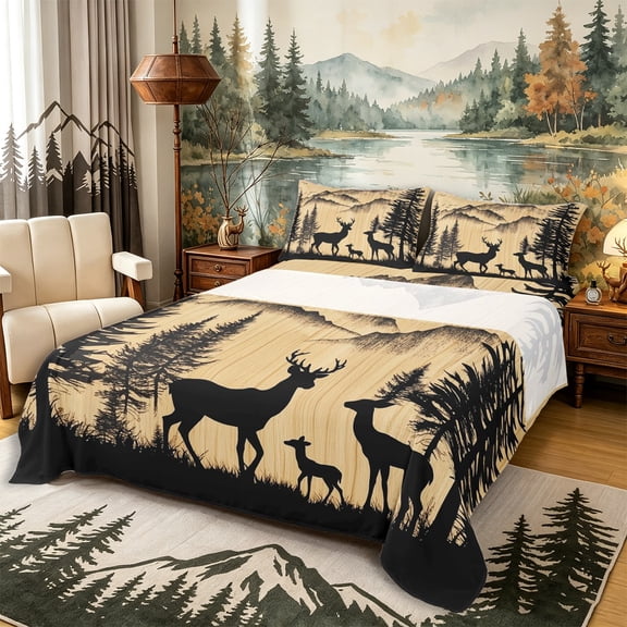 Castle Fairy Jungle Deer Bed Sheets 4-Piece,Rustic Cabin Full Size Sheets,Tan Black Cream,1 Fitted Sheet, 1 Flat Sheet and 2 Pillowcases