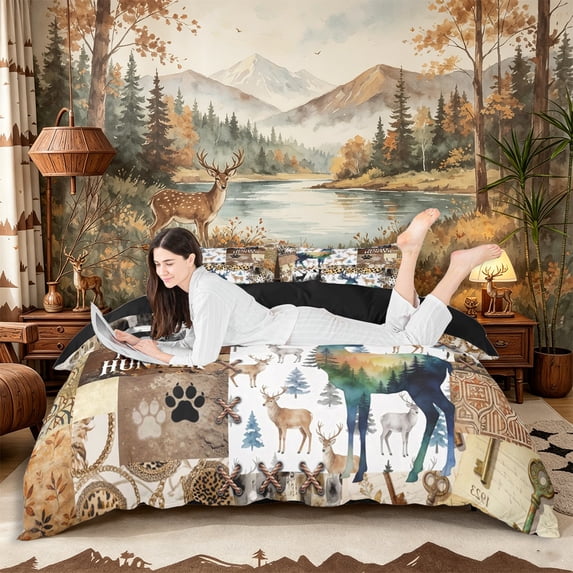 Castle Fairy Jungle Deer Duvet Cover King,Watercolor Leopard Print Boho Aztec King Bedding,Sepia Orange Cream,Black Reversible,3 Pieces,No Comforter,1 Duvet Cover and 2 Pillowcases