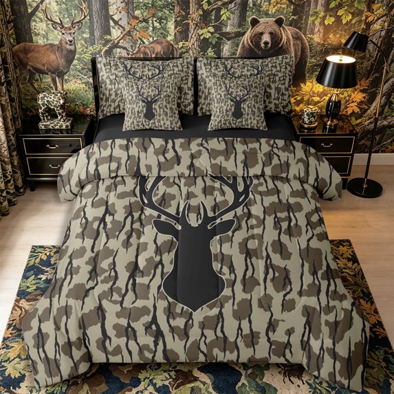 Castle Fairy Jungle Deer King Bedding 7pcs for Teens,Abstract Vintage Leoopard Print King Bed in a Bag,Beige Black,Black Reversible
