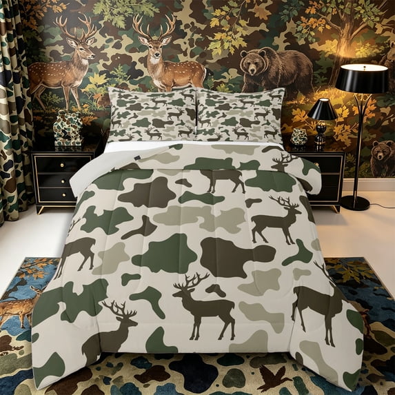 Castle Fairy Jungle Deer King Size Comforter Sets 3pcs,Vintage Rustic Camouflage Comforters King Size,Sage Cream,Grey Reversible,1 Comforter and 2 Pillowcases