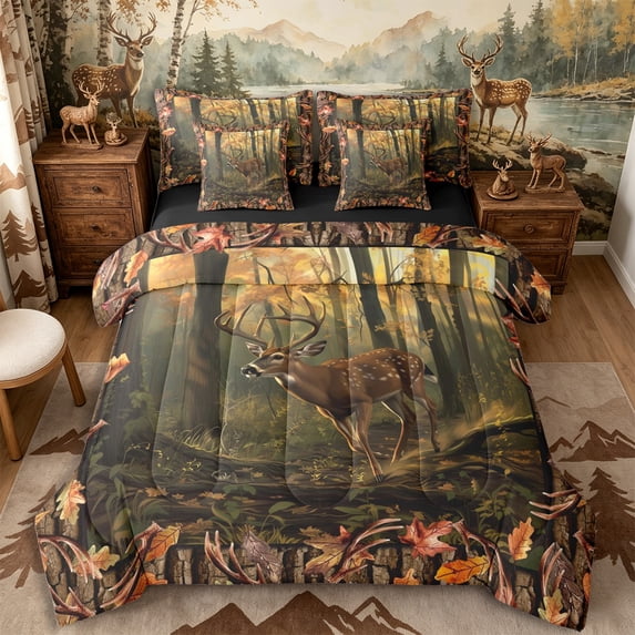 Castle Fairy Jungle Deer Queen Bedding 7pcs,Rustic Autumn Leaves Bedding Comforter Set Queen,Brown Olive Orange,Black Reversible