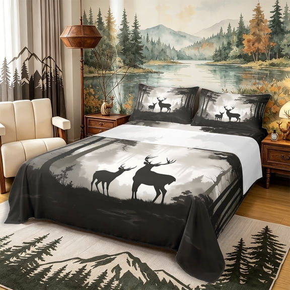 Castle Fairy Jungle Deer Queen Sheets 4 Pieces,Smooky Woodland Wildlife Queen Sheet Sets,Black Off White,1 Fitted Sheet, 1 Flat Sheet and 2 Pillowcases