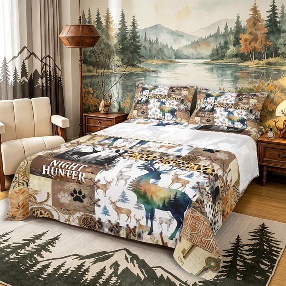Castle Fairy Jungle Deer Queen Sheets 4 Pieces,Watercolor Leopard Print Boho Aztec Queen Sheet Sets,Sepia Orange Cream,1 Fitted Sheet, 1 Flat Sheet and 2 Pillowcases