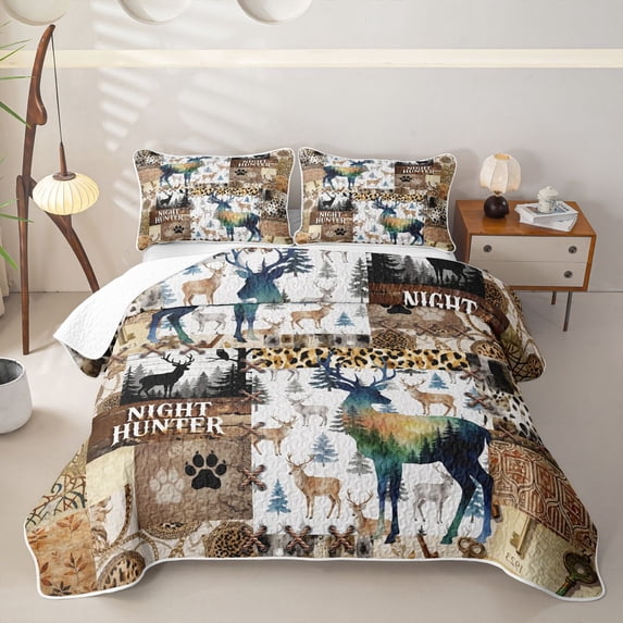 Castle Fairy Jungle Deer Quilt Full,Watercolor Leopard Print Boho Aztec Full Bedspread Sets,Sepia Orange Cream