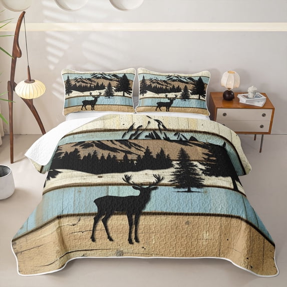 Castle Fairy Jungle Deer Quilt King,Rustic Vintage Wooden Stripe King Coverlet Set,Blue Beige Black