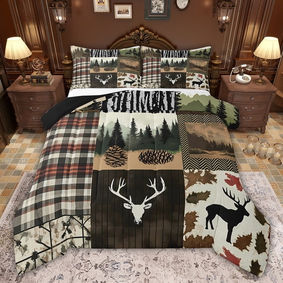 Castle Fairy Jungle Deers Queen Comforter Set,Abstract Checkered Bedding Comforter Set