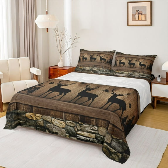 Castle Fairy Jungle Safari Deer Twin Sheet Sets 3pcs for Female Men Women,Vintage Lodge Cabin Twin Fitted Sheet Microfiber,Woodland Wildlife Breathable Flat Sheet,Luxury Bedroom Decor