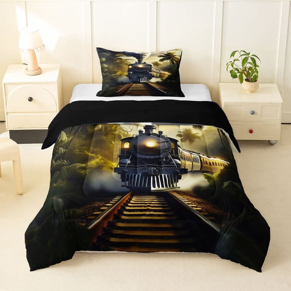 Castle Fairy Jungle Steam Train Twin Comforter Sets 3-Piece for Teens, Palm Tree Art Bedding Set for Bedroom, Black Green,Black Reversible
