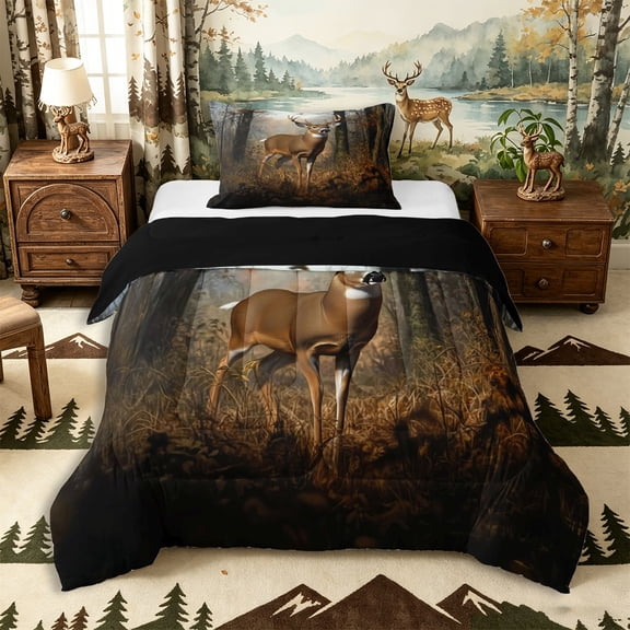 Castle Fairy Jungle Whitetail Deer Twin Comforter Sets 2pcs for Teens,Natural Autumn Forest Tree Bedding Set,Brown Orange,Black Reversible,1 Comforter and 1 Pillowcase