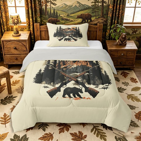 Castle Fairy Jungle Wildlife Bear Twin Comforter Sets 2pcs,Sunset Pine Mountain Bedding Set,Beige Orange Black,Grey Reversible,1 Comforter and 1 Pillowcase