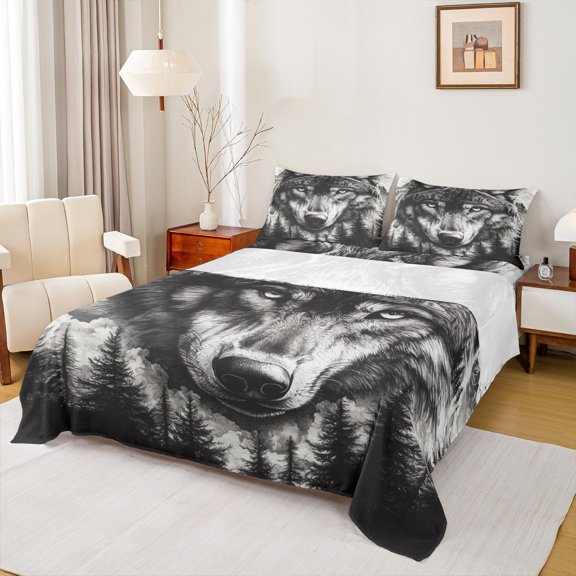 Castle Fairy Jungle Wildlife Wolf 3Pcs Twin Sheet Sets for Teens Boys Men,Woodland Animal Twin Fitted Sheet,Black Grey Breathable Flat Sheet,Breathable Home Decor