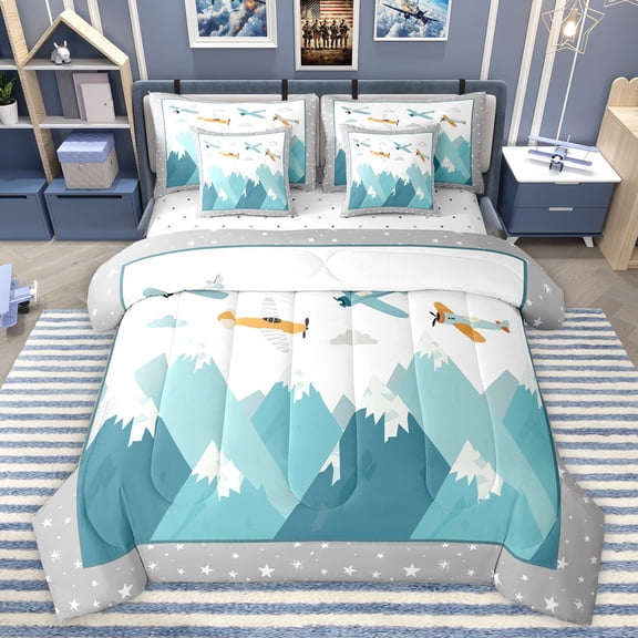 Castle Fairy Kawaii Airplane Bedding Comforter Set 7pcs for Kids Children,Stars Print Queen Bedding Sets Super Cozy,Cartoon Plane Queen Sheet Sets,Super Cozy Room Decor,Reversible