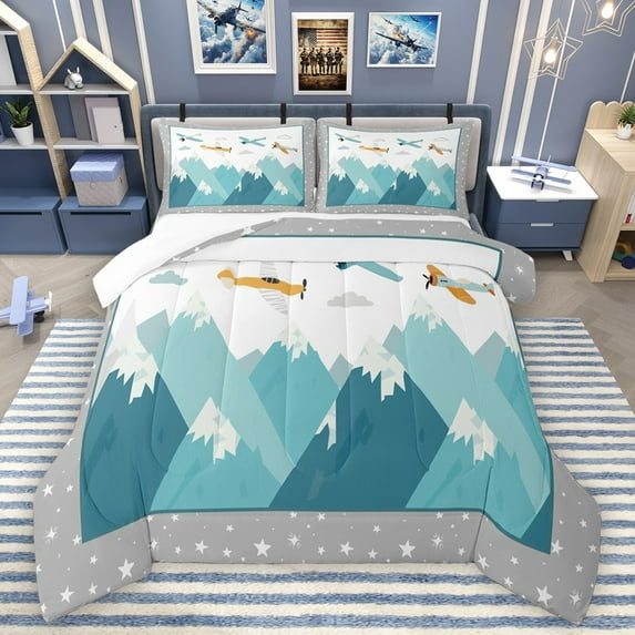 Castle Fairy Kawaii Airplane Full Size Comforter Sets 3-Piece for Kids Children,Stars Print Bedding Comforter Set,Cartoon Plane Lightweight Bedding Sets,Super Cozy Room Decor