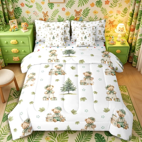 Castle Fairy Kawaii Animal Bear 7-Piece Twin Bedding,Cartoon Wildlife Bedding Comforter Set,Sage Off White,Reversible