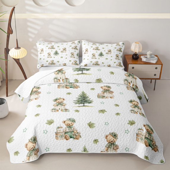 Castle Fairy Kawaii Animal Bear Twin Quilt Set,Cartoon Wildlife Twin Coverlet Set,Sage Off White