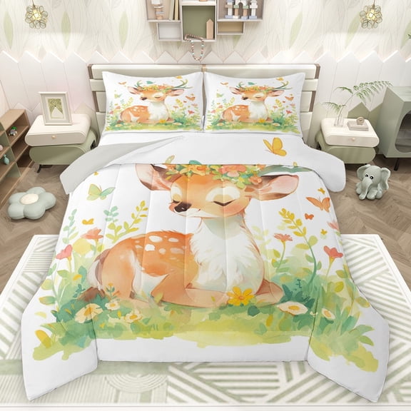 Castle Fairy Kawaii Animal Deer Bedding Comforter Set 2pcs for Kids Boys Girls,Spring Garden Flowers Butterflies Twin Comforter Sets Microfiber,Cartoon Jungle Wildlife Breathable Bedding Set