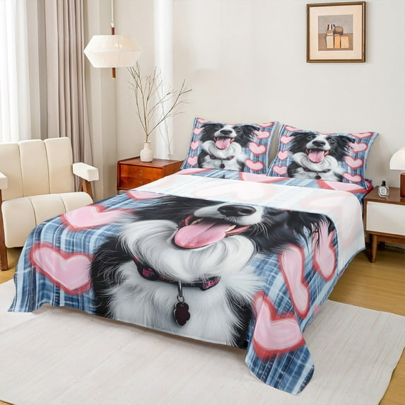 Castle Fairy Kawaii Animal Dog Boy Girl 4 Pieces Queen Sheet Sets,Love Heart Print Ultra Soft Flat Sheet,Abstract Geometric Plaid Queen Fitted Sheet,Luxury Bedroom Decor